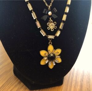 Betsey Johnson Necklace Yellow Daisy Black Bow Double Strand CZ